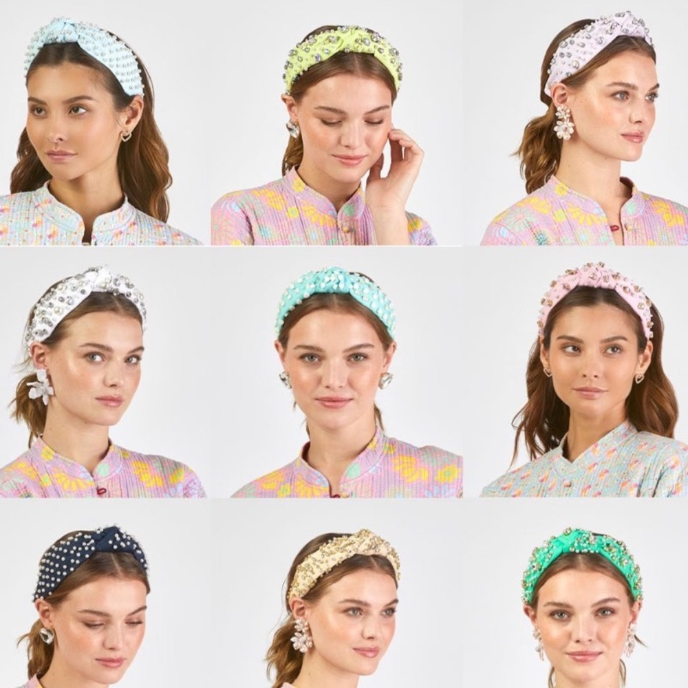 LELE SADOUGHI X STONEY CLOVER FLAMINGO CRYSTAL HEARTS & PEARL KNOTTED HEADBAND - Picture 5 of 9
